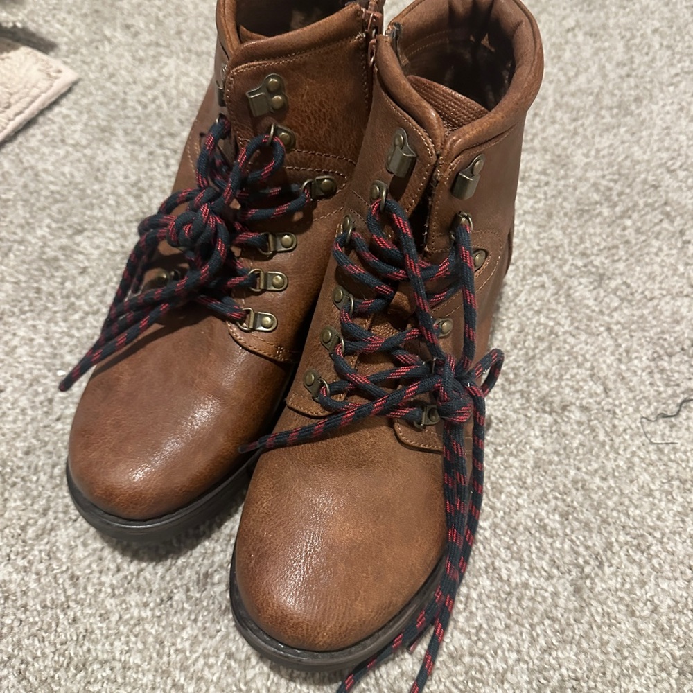 Torrid Brown Ankle Boots with Black and Red Laces
